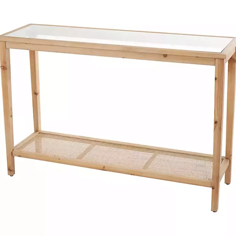 Entryway Furniture-Kirklands Home Wood Glass Top Console Table with Rattan Shelf Brown