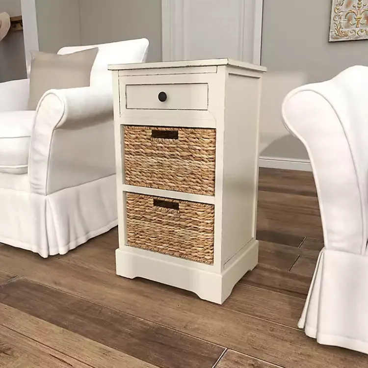 Accent & End Tables-Kirklands Home Cream Wood Side Table with Woven Baskets Ivory
