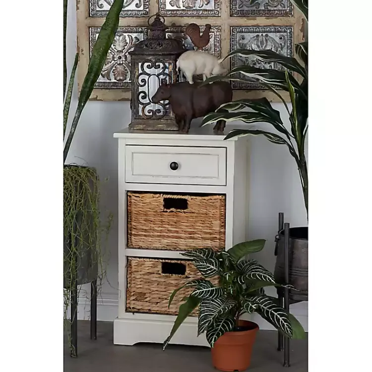 Accent & End Tables-Kirklands Home Cream Wood Side Table with Woven Baskets Ivory