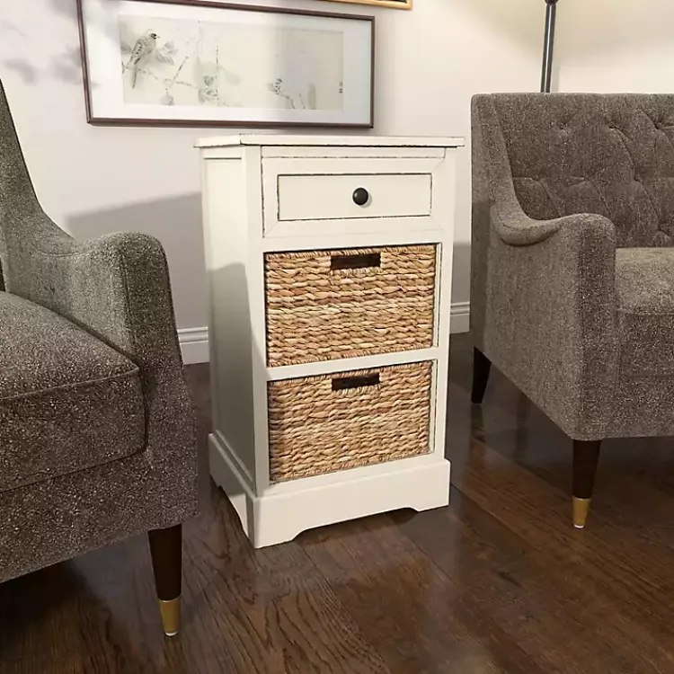 Accent & End Tables-Kirklands Home Cream Wood Side Table with Woven Baskets Ivory