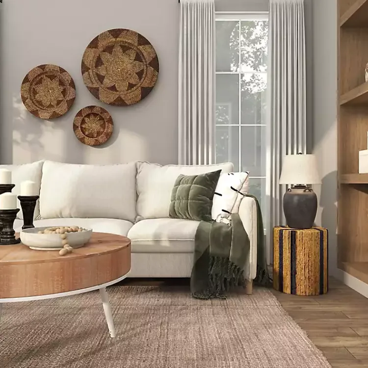 Accent & End Tables-Kirklands Home Handmade Round Banana Leaf Striped Accent Table Brown