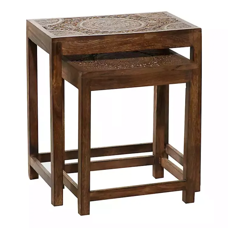 Accent & End Tables-Kirklands Home Wood Carved Floral Nesting Tables, Set of 2 Brown