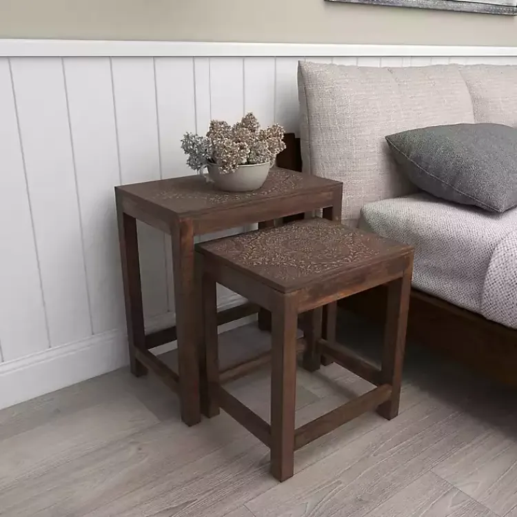 Accent & End Tables-Kirklands Home Wood Carved Floral Nesting Tables, Set of 2 Brown