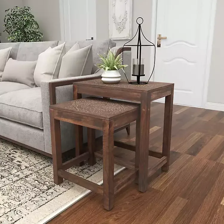 Accent & End Tables-Kirklands Home Wood Carved Floral Nesting Tables, Set of 2 Brown