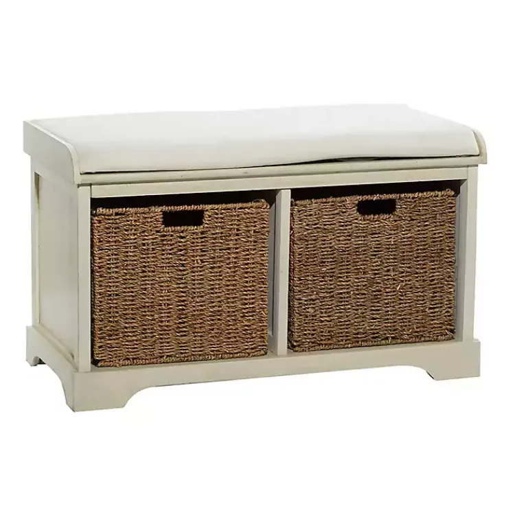 Entryway Furniture-Kirklands Home Cream Wood Bench with Storage Baskets White