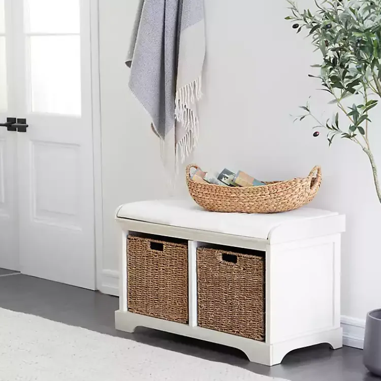 Entryway Furniture-Kirklands Home Cream Wood Bench with Storage Baskets White