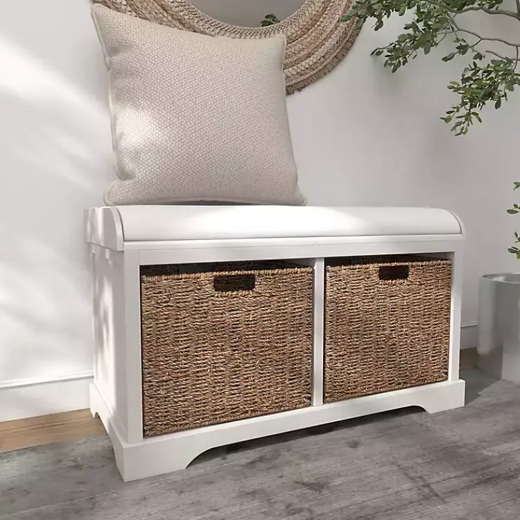 Entryway Furniture-Kirklands Home Cream Wood Bench with Storage Baskets White