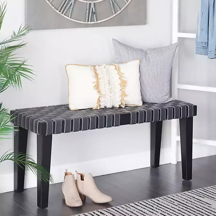 Entryway Furniture-Kirklands Home Woven Faux Leather Bench Black