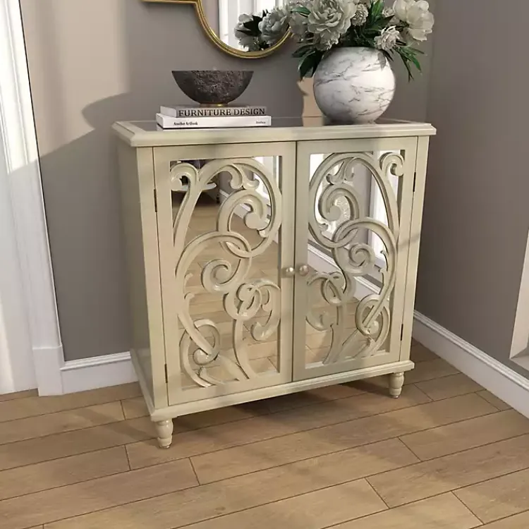 Entryway Furniture-Kirklands Home Wood Carved Scroll Mirrored Cabinet Gold