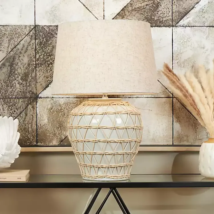 Table Lamps-Kirklands Home Ceramic and Jute Woven Table Lamp White