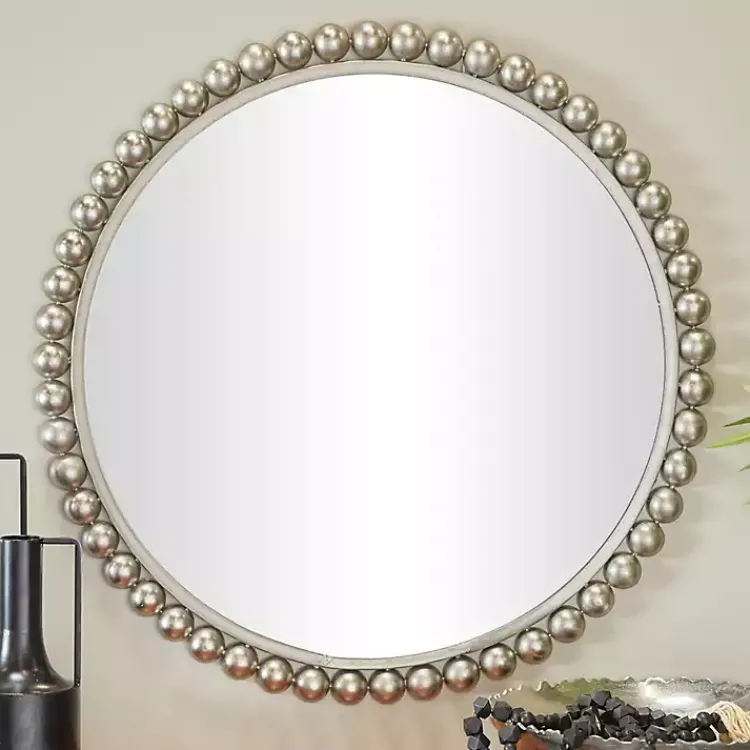 Decorative Mirrors-Kirklands Home Silver Metal Round Beaded Frame Wall Mirror