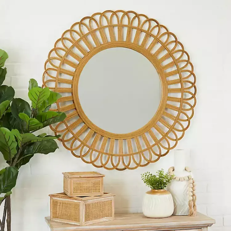 Decorative Mirrors-Kirklands Home Bamboo Round Overlay Floral Frame Wall Mirror