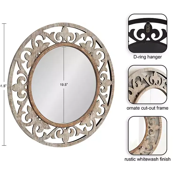 Decorative Mirrors-Kirklands Home washed Wood Round Shavali Mirror White