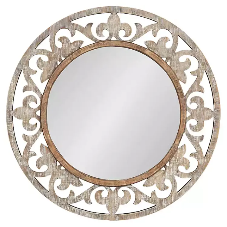 Decorative Mirrors-Kirklands Home washed Wood Round Shavali Mirror White