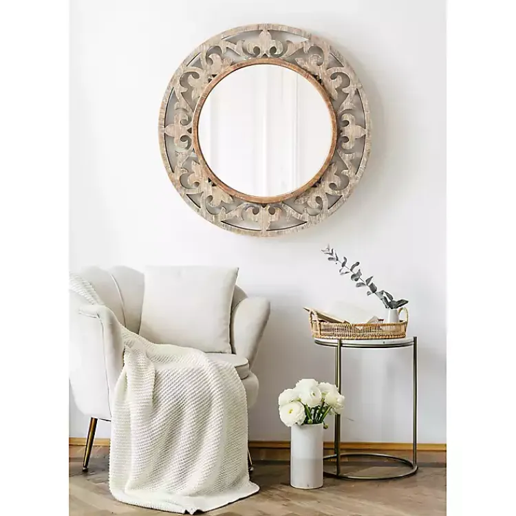 Decorative Mirrors-Kirklands Home washed Wood Round Shavali Mirror White