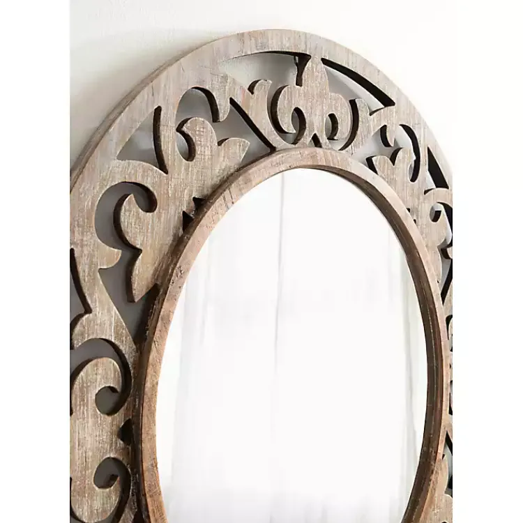 Decorative Mirrors-Kirklands Home washed Wood Round Shavali Mirror White