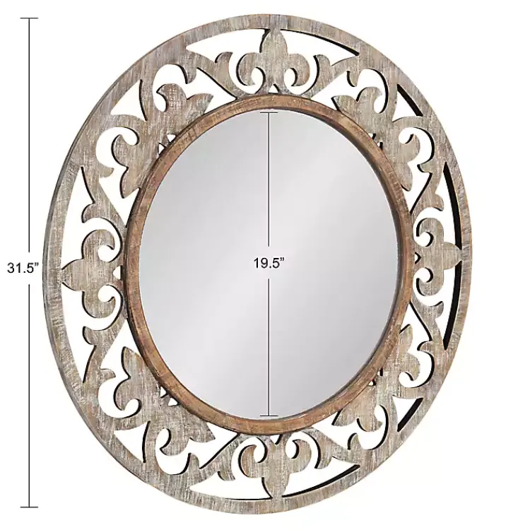 Decorative Mirrors-Kirklands Home washed Wood Round Shavali Mirror White