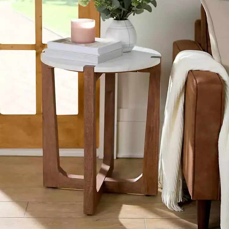 Accent & End Tables-Kirklands Home Allen Wood and Marble Round Side Table White