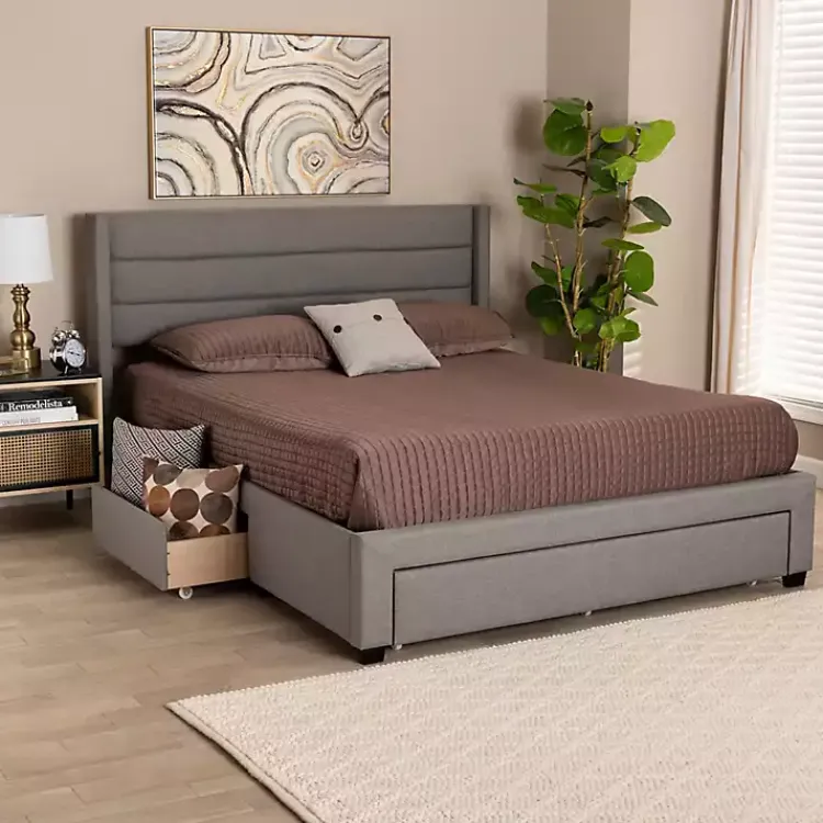 Beds & Headboards-Kirklands Home Braylon Upholstered 3-Drawer Queen Bed Gray