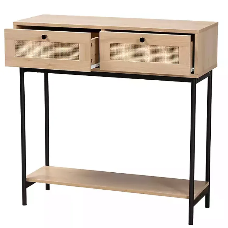 Console Tables-Kirklands Home Natural Woven Rat 2-Drawer Console Table Tan