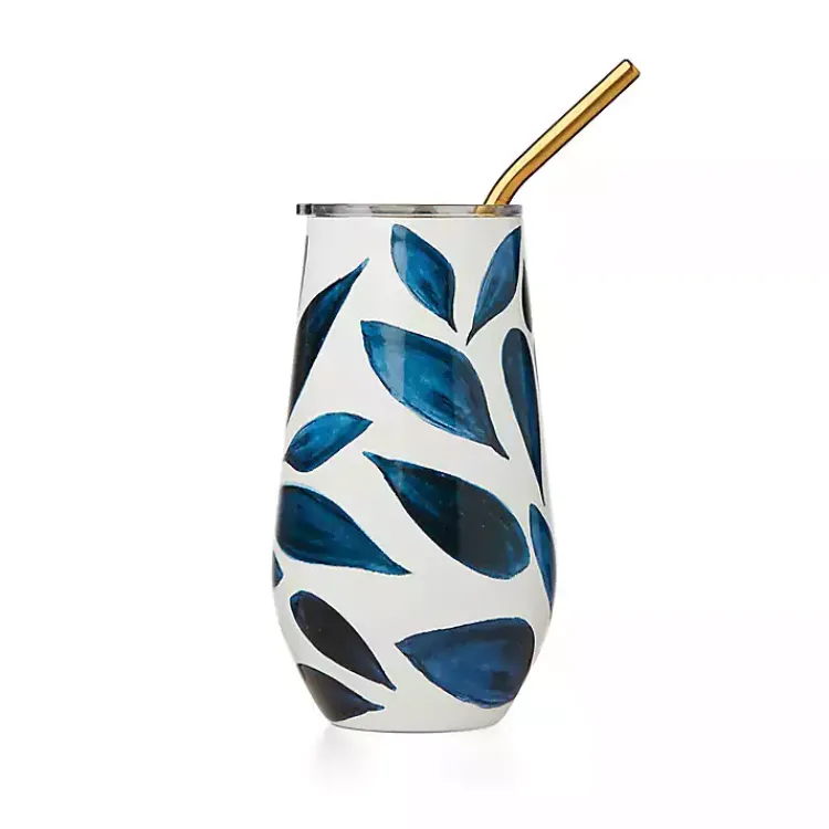 Glassware & Drinkware-Kirklands Home Bay Leaf Insulated Wine Tumbler Blue