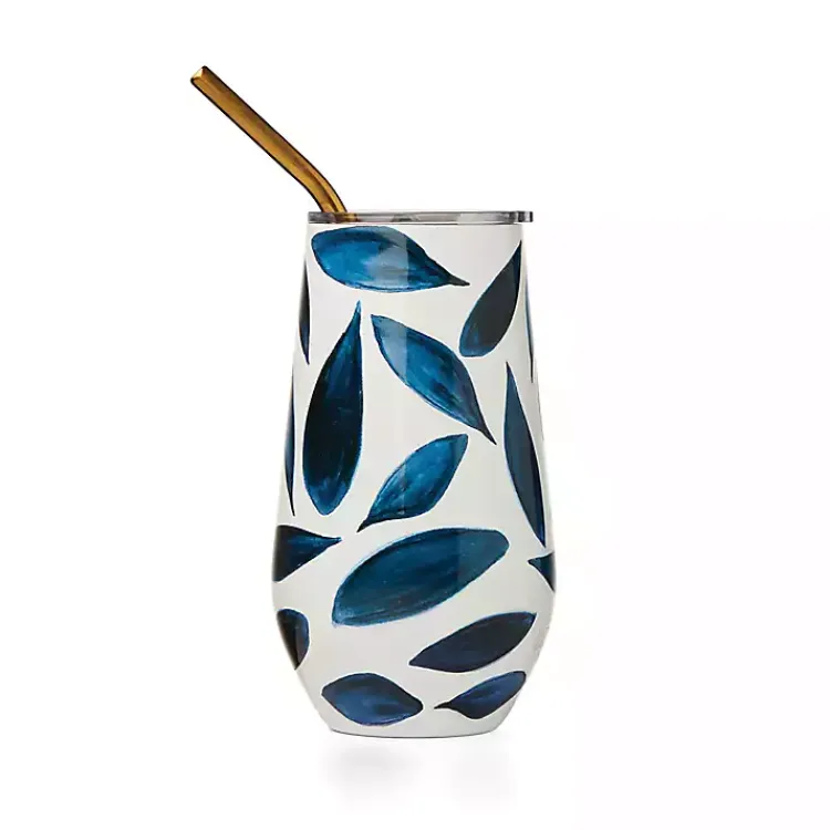 Glassware & Drinkware-Kirklands Home Bay Leaf Insulated Wine Tumbler Blue
