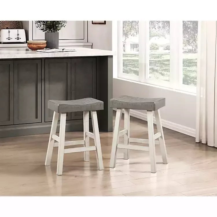 Bar Stools & Counter Height Stools-Kirklands Home & White Wood Counter Stools, Set of 2 Gray