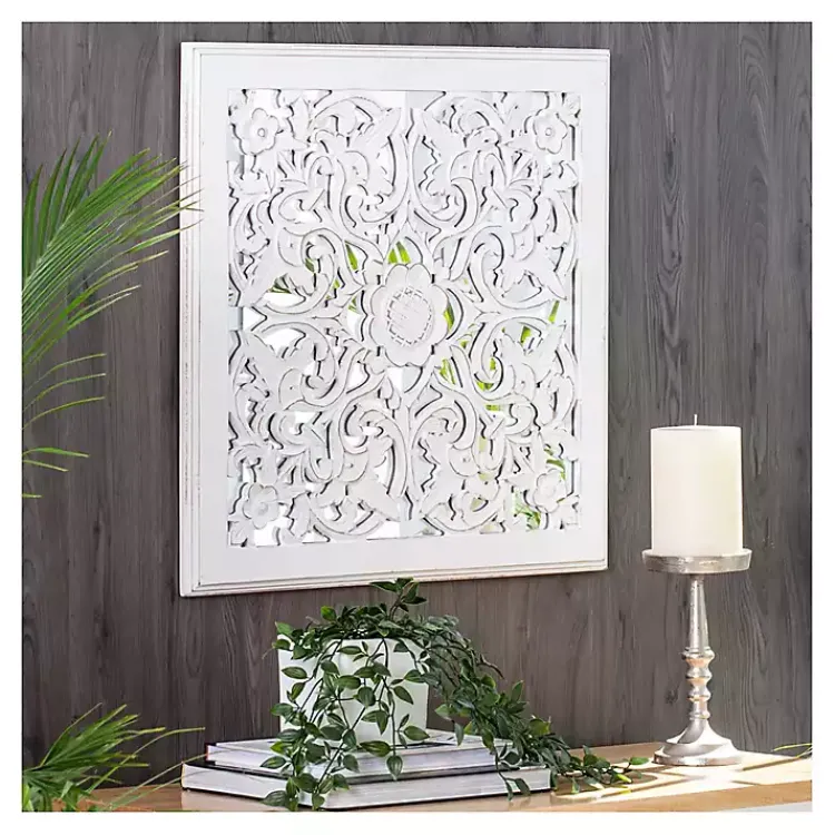 Decorative Mirrors-Kirklands Home Distressed Cream Carved Floral Medallion Mirror