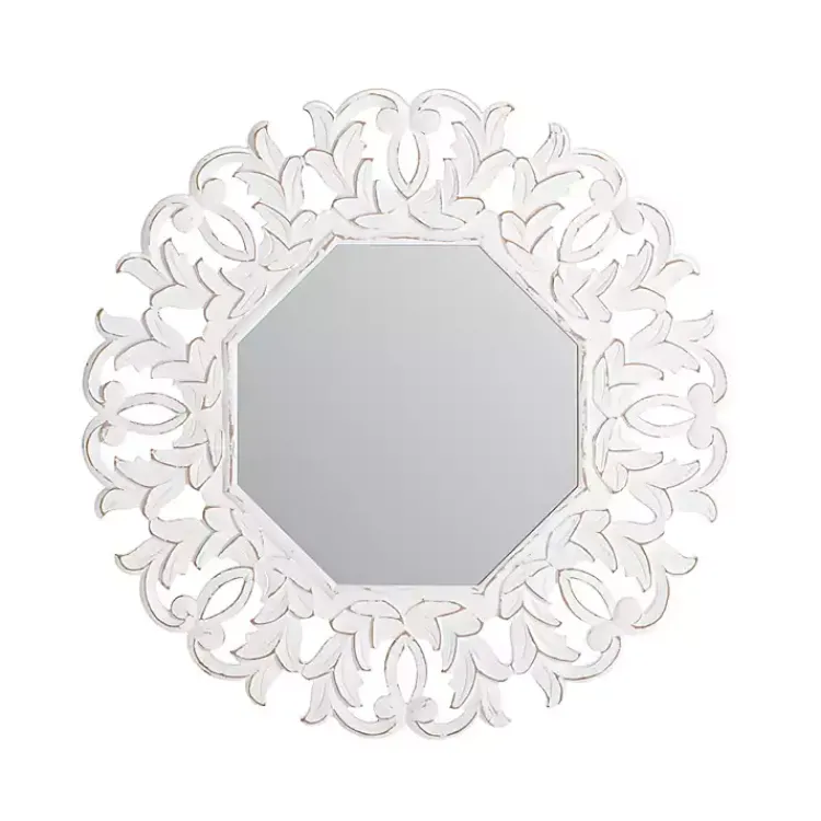 Decorative Mirrors-Kirklands Home Vintage White Carved Octagon Wall Mirror