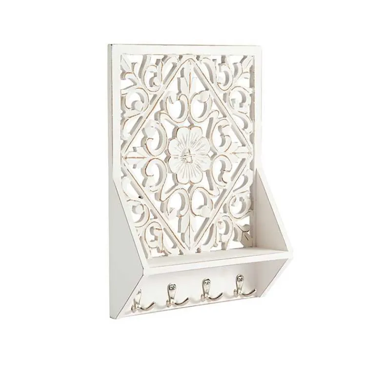 Wall Storage-Kirklands Home Distressed White Floral Carved Wall Shelf