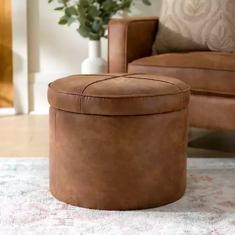 Benches & Ottomans-Kirklands Home Wyatt Faux Leather Storage Ottoman Brown