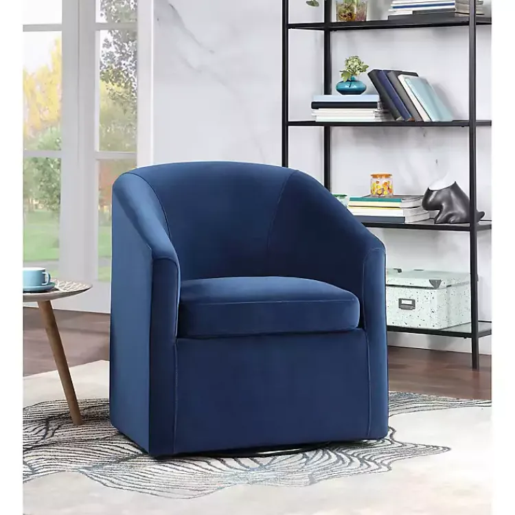 Accent Chairs-Kirklands Home Indigo Velvet Swivel Barrel Accent Chair Blue