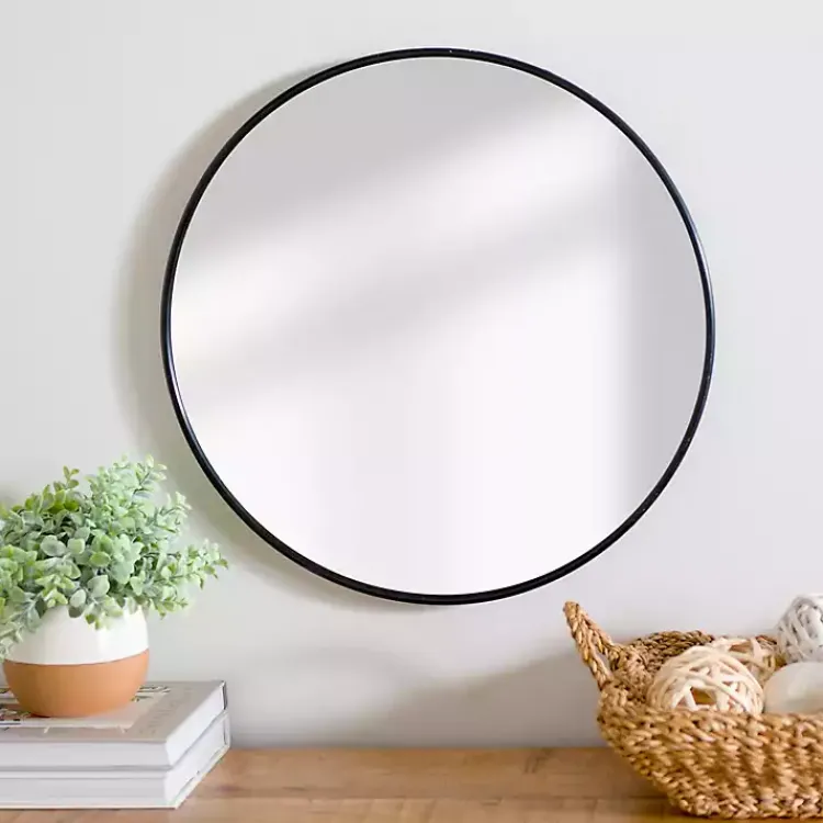 Framed Mirrors-Kirklands Home Round Black Nouveau Linear Wall Mirror, 20 in.