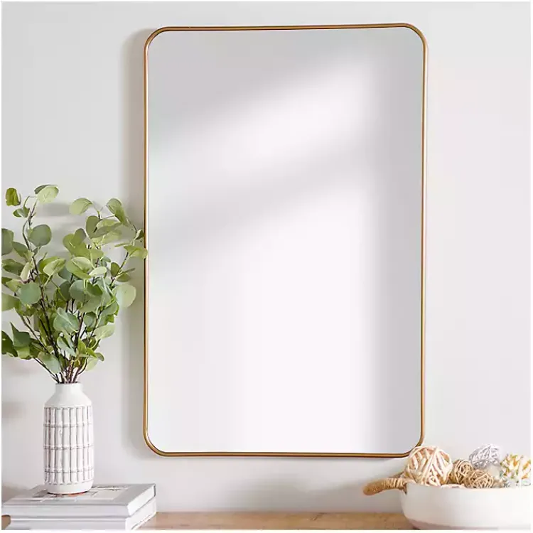 Framed Mirrors-Kirklands Home Antique Brass Nouveau Linear Curved Corner Mirror Gold