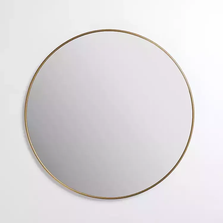 Framed Mirrors-Kirklands Home Antique Brass Nouveau Linear Round Mirror Gold