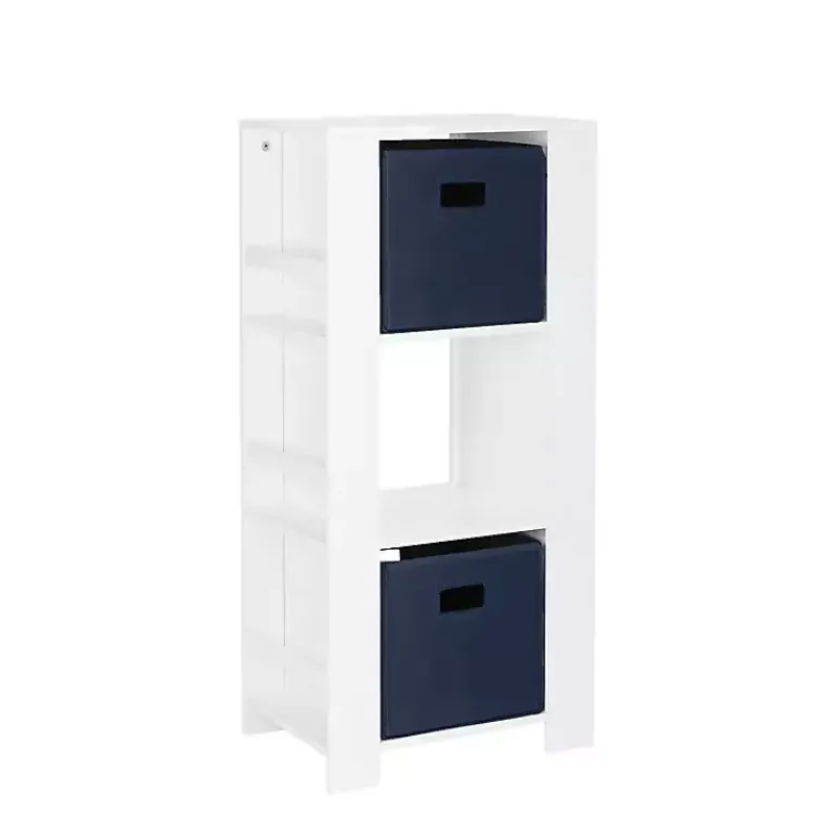 Bookshelves-Kirklands Home Storage Tower Bookshelf with 2 Navy Bins White