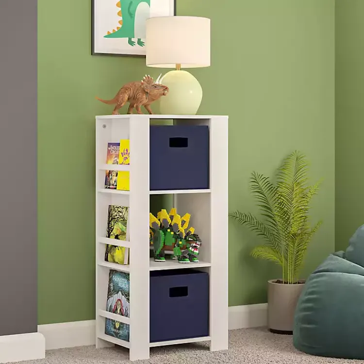 Bookshelves-Kirklands Home Storage Tower Bookshelf with 2 Navy Bins White