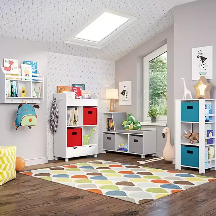 Bookshelves-Kirklands Home Storage Tower Bookshelf with 2 Navy Bins White