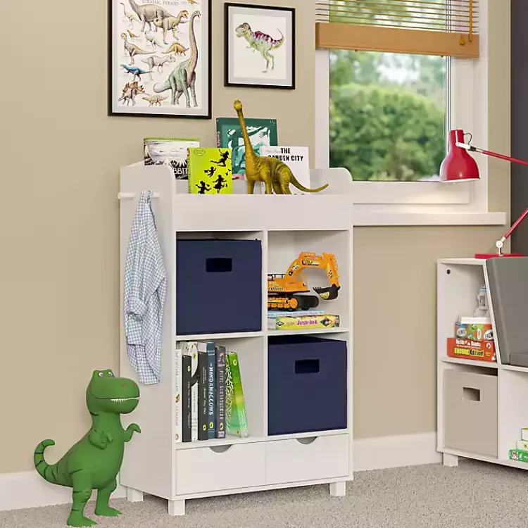 Bookshelves-Kirklands Home Storage Cabinet Bookshelf with 2 Navy Bins White