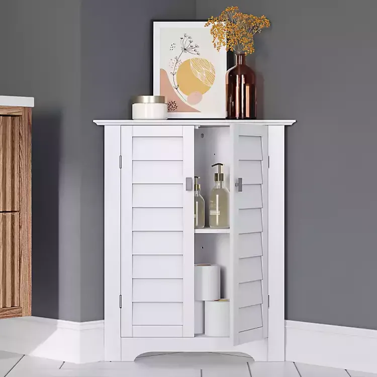 Bathroom Furniture-Kirklands Home Shutter Two Door Corner Storage Cabinet White