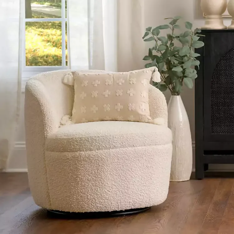 Accent Chairs-Kirklands Home Small Round Cream Boucle Swivel Accent Chair White