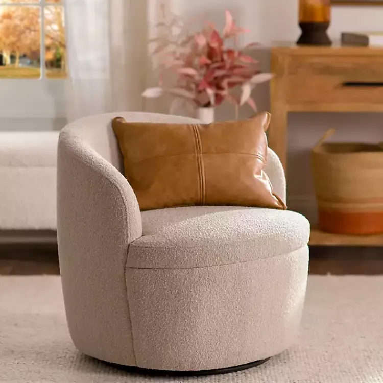 Accent Chairs-Kirklands Home Small Round Sand Boucle Swivel Accent Chair Tan