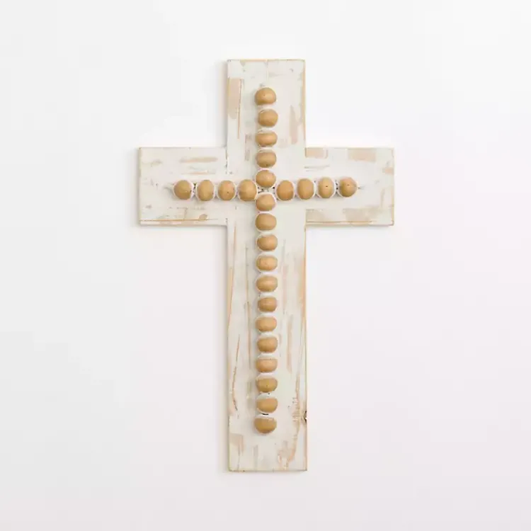 Wall Plaques-Kirklands Home Whitewashed Beaded Wood Cross Wall Plaque