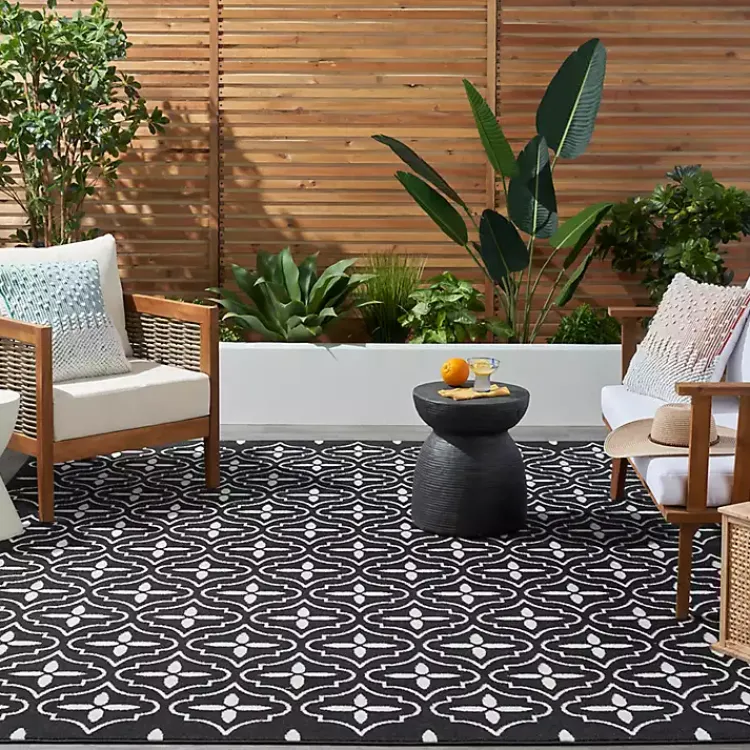 Area Rugs-Kirklands Home Black & Ivory Quatrefoil Indoor/Outdoor Rug, 8x10