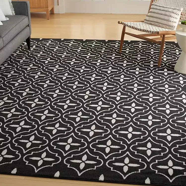 Area Rugs-Kirklands Home Black & Ivory Quatrefoil Indoor/Outdoor Rug, 8x10