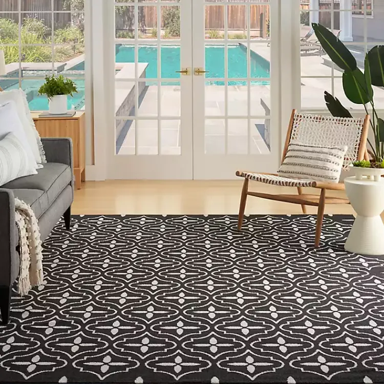 Area Rugs-Kirklands Home Black & Ivory Quatrefoil Indoor/Outdoor Rug, 8x10