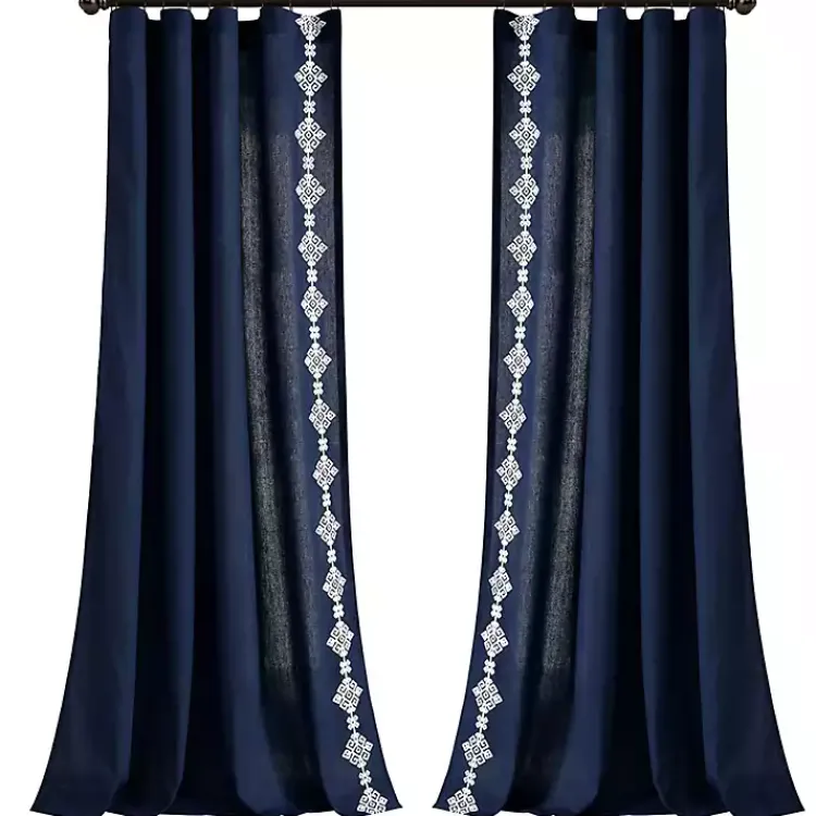 Curtains & Drapes-Kirklands Home Navy Geometric Border Curtain Panel, 84 in. Blue