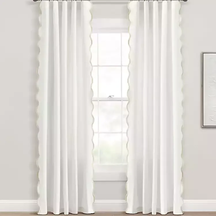 Curtains & Drapes-Kirklands Home White and Tan Scalloped Curtain Panel Set, 84 in.