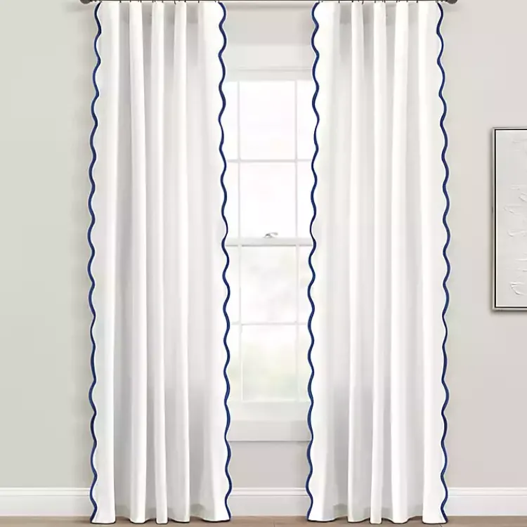 Curtains & Drapes-Kirklands Home White and Navy Scalloped Curtain Panel Set, 84 in.