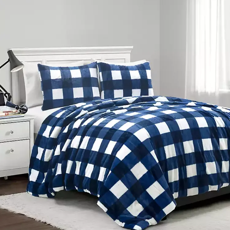 Comforters-Kirklands Home Navy Plaid Faux Fur 3-pc. Full/Queen Comforter Set